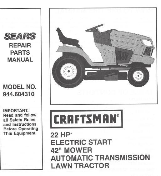 944.604310 Manual for Craftsman 22 HP 42"  Lawn Tractor ...
