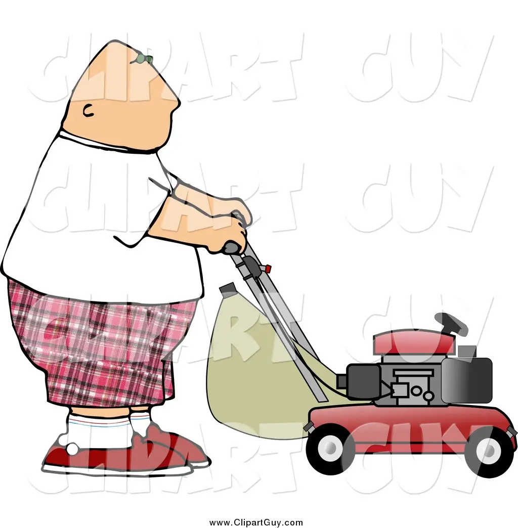 Clip Art of a Fat White Bald Man Mowing Lawn by djart