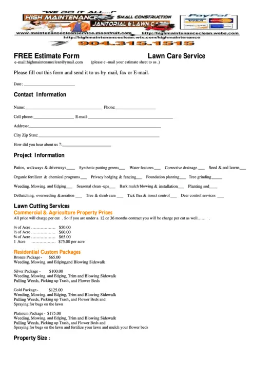 Estimate Form Lawn Care Service printable pdf download
