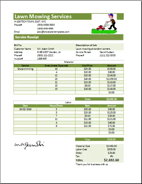MS Excel Printable Lawn Mowing Receipt Template