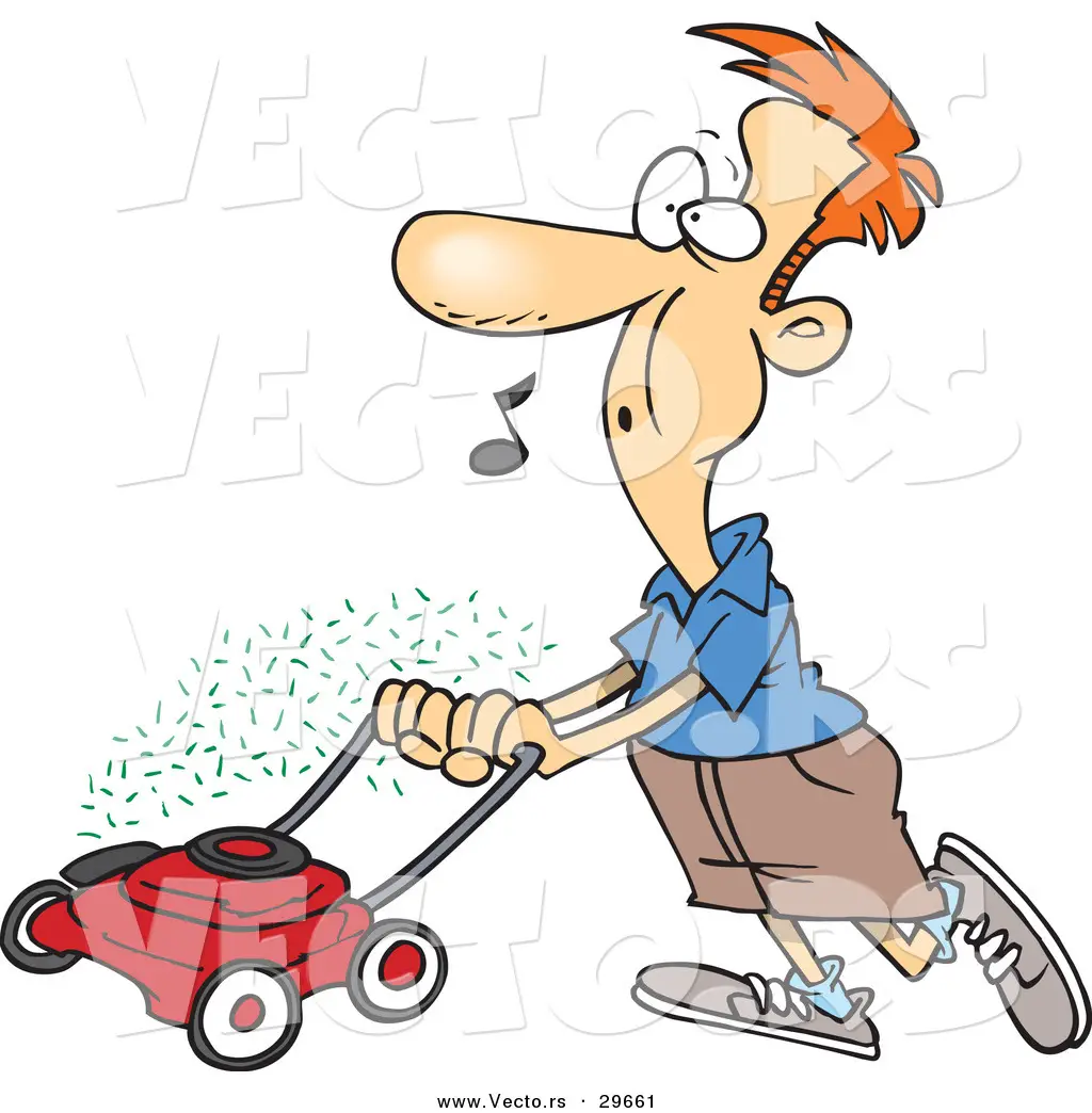 Vector of a Cartoon Man Mowing Lawn While Whistling by toonaday