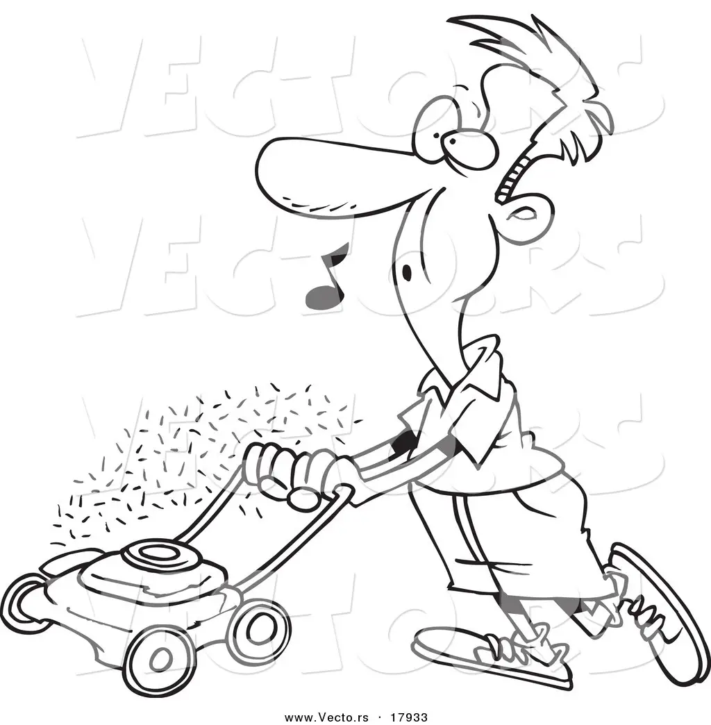 Vector of a Cartoon Man Whistling and Mowing His Lawn